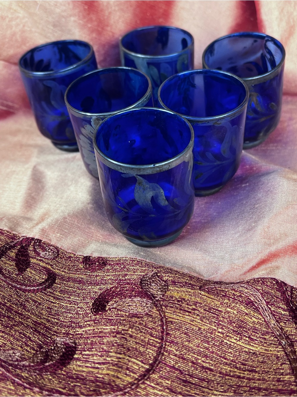 Cobalt Blue Etched Glass Shot Glass Set - Brand vintage liquor